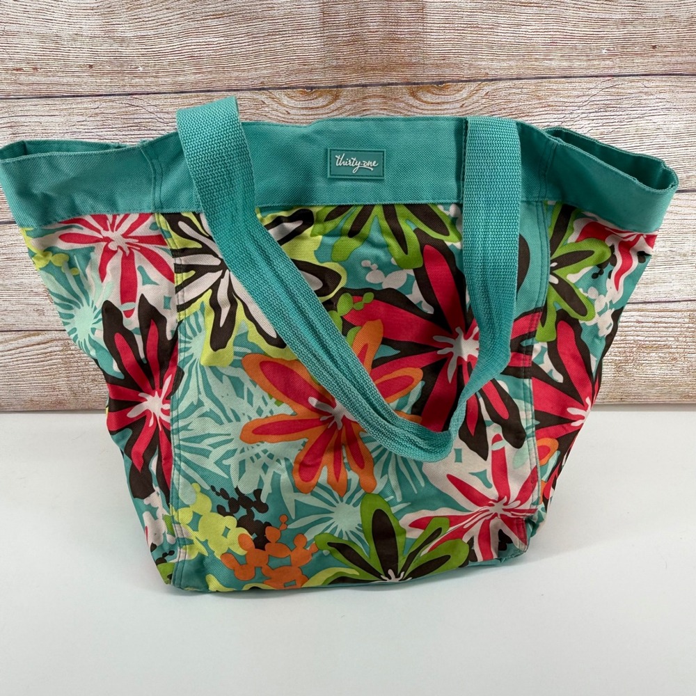 Thirty-One Retro Metro Tote Bag Floral Teal Pink Canvas Shoulder Bag Pockets
